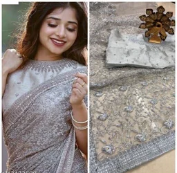 CHARVI DRISHYA Net Grey Color Sarees With Banarsi Silk Running Blouse
